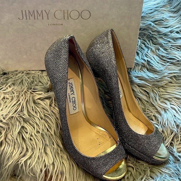 Jimmy Choo Luna 100 Platform Peep Toe Pumps | Metallic Bronze Lamè Glitter 37.5 - Picture 4 of 16